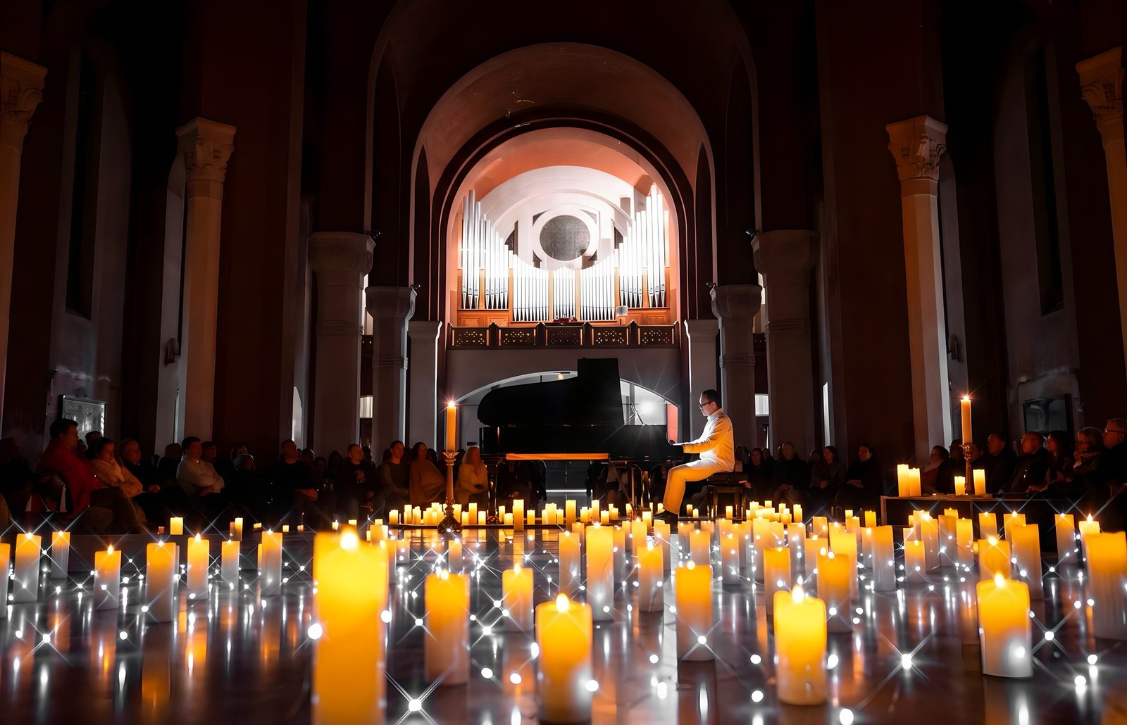 Un pianiste à la bougie, dans la lueur d'un orgue