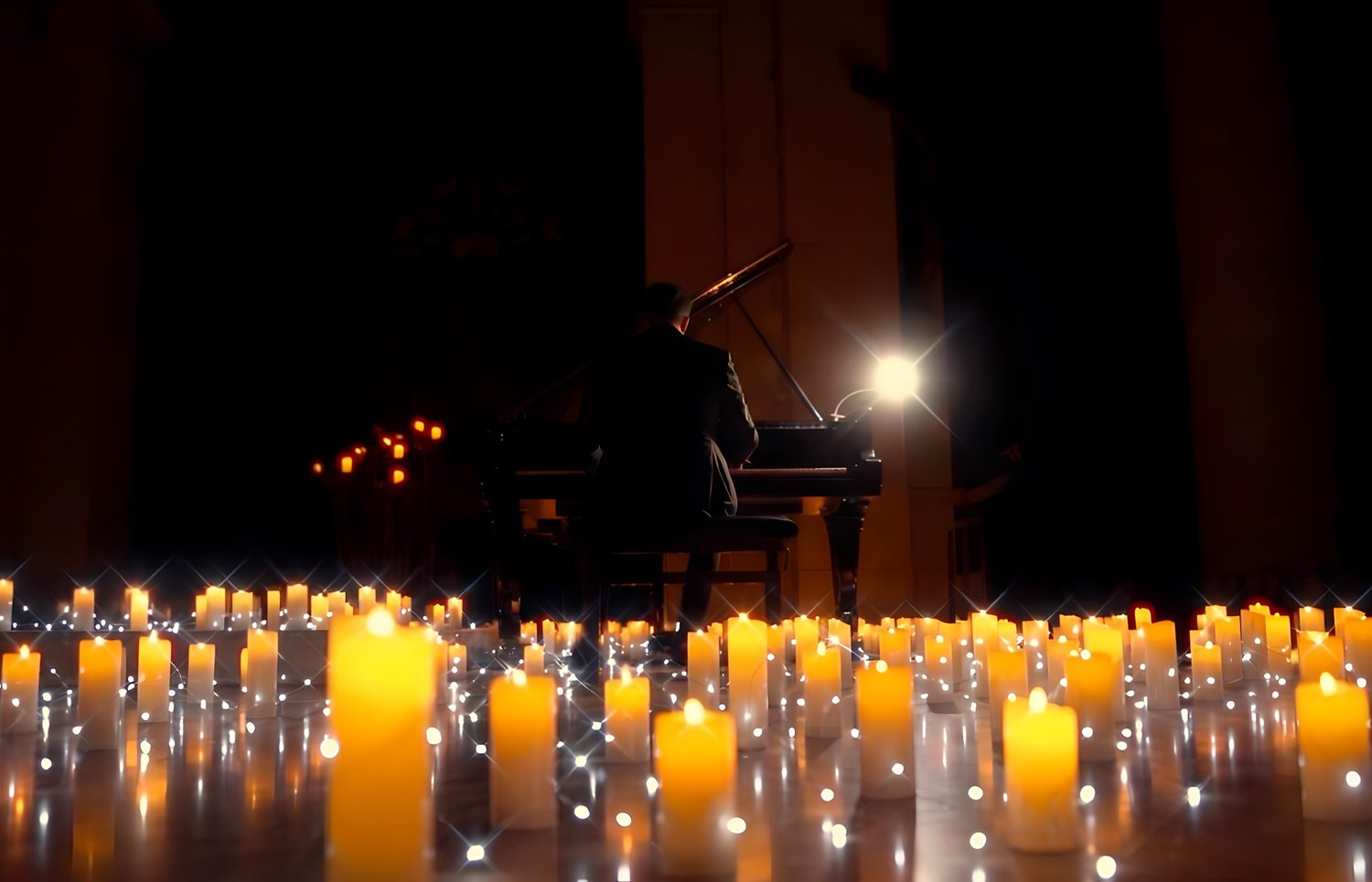 Pianiste de dos au piano dans une nef, océan de bougies scintillantes
