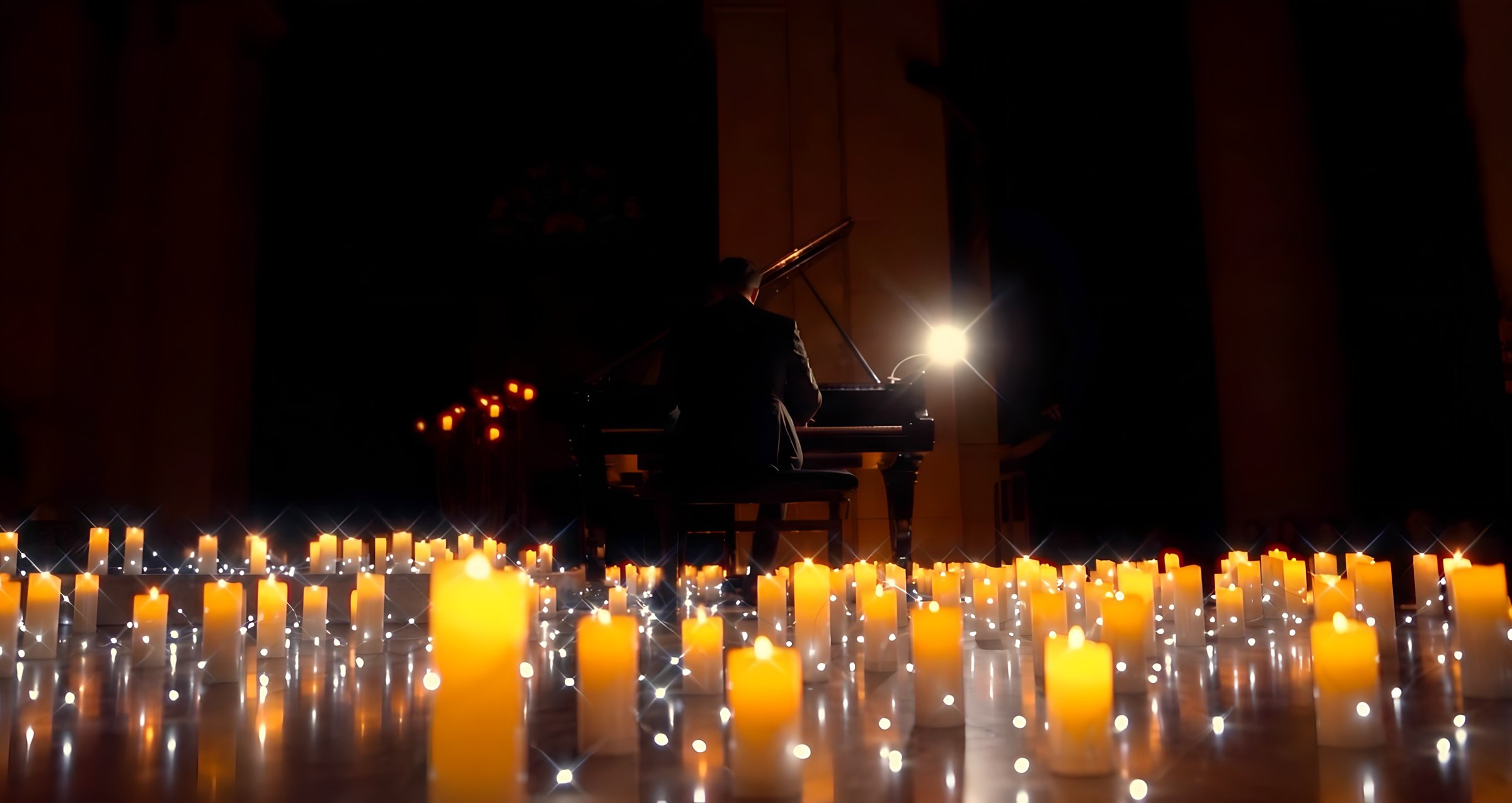 Pianiste de dos au piano dans une nef, océan de bougies scintillantes