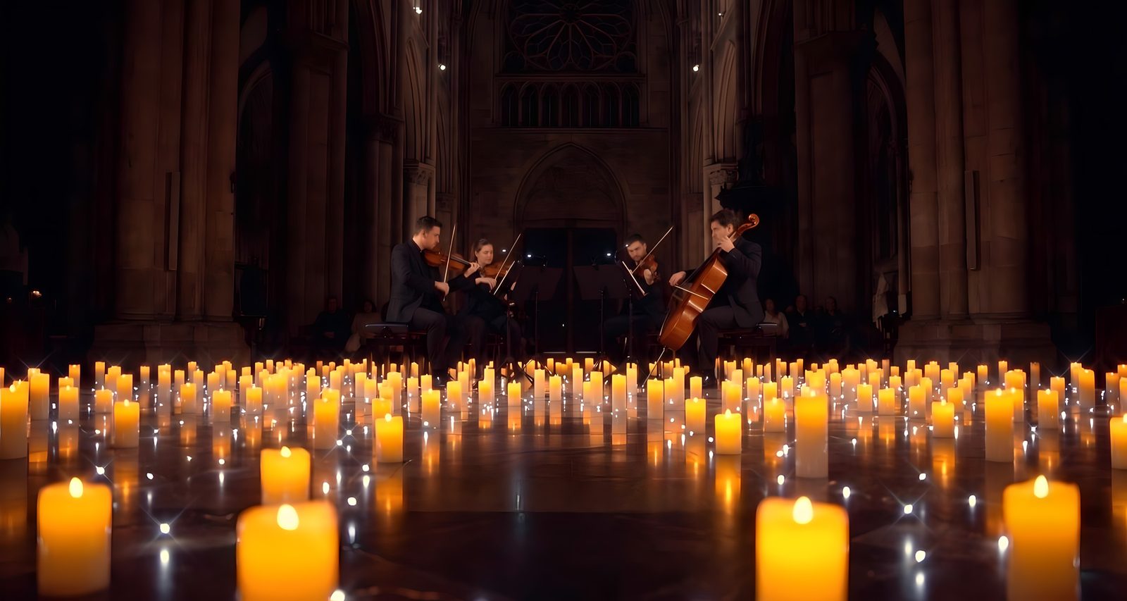 Un quatuor à cordes au milieu des bougies, dans une cathédrale